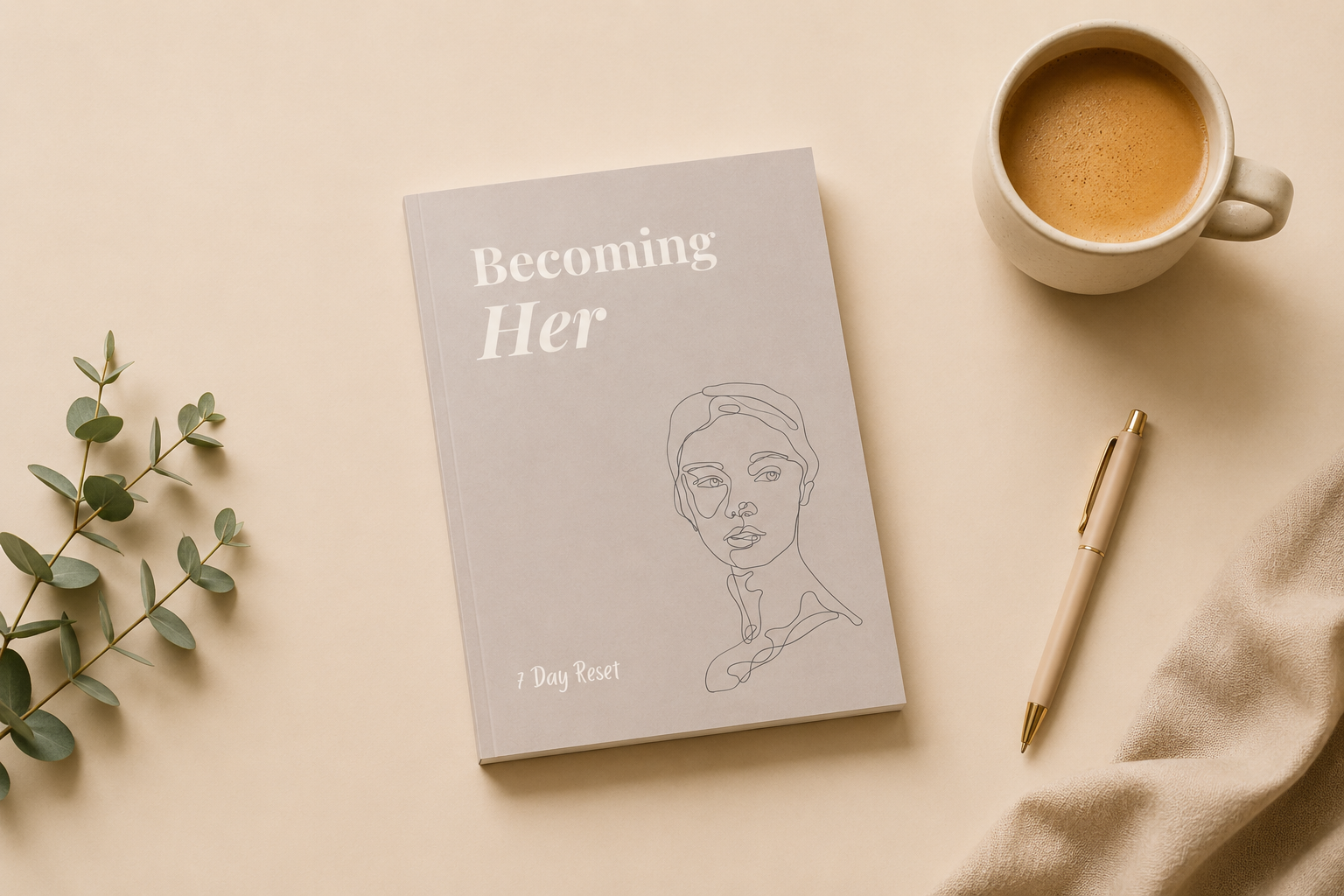 Becoming Her: 7-Day Reset workbook with coffee and eucalyptus